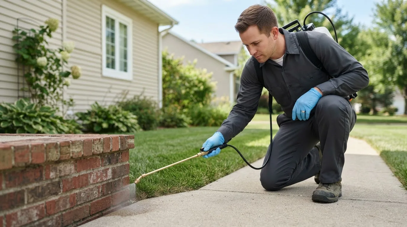 Pest control technician treating a home near Watseka, IL